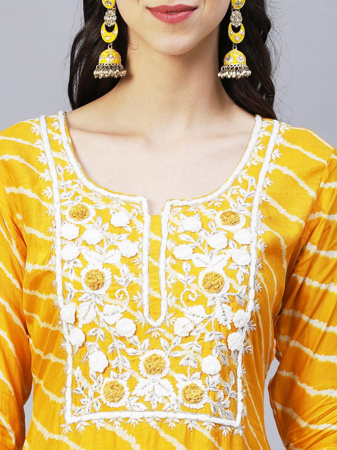 Leheriya Printed & Embroidered Straight Kurta with Pants & Dupatta - Yellow - Indiakreations