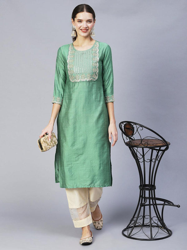 Ethnic Woven & Embroidered Straight Fit Kurta – Light Green - Indiakreations