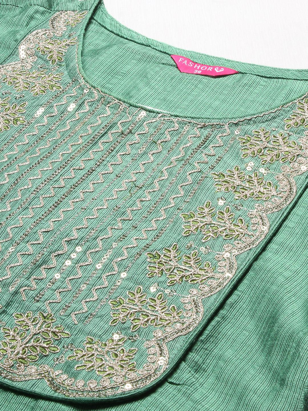 Ethnic Woven & Embroidered Straight Fit Kurta – Light Green - Indiakreations