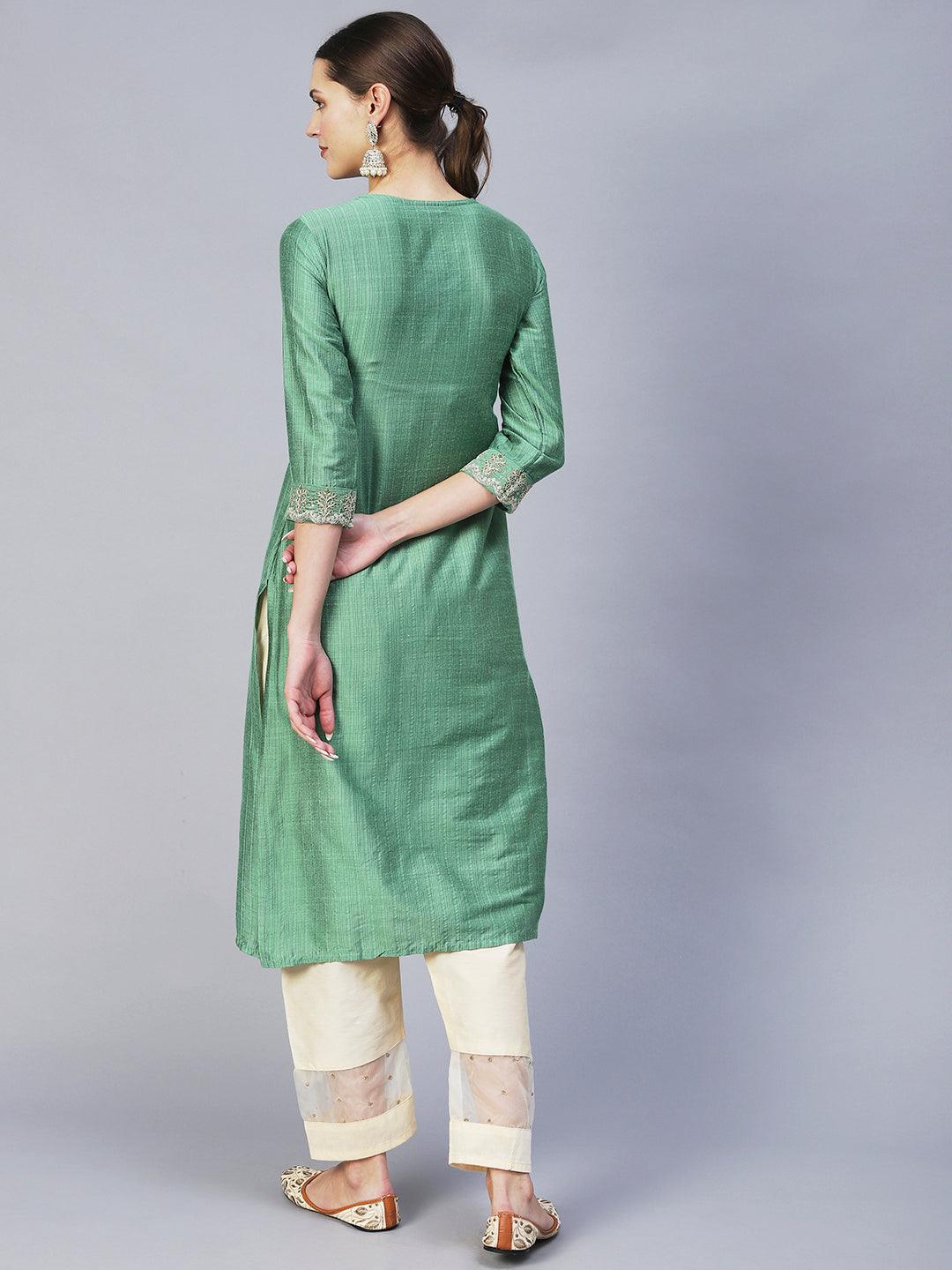 Ethnic Woven & Embroidered Straight Fit Kurta – Light Green - Indiakreations