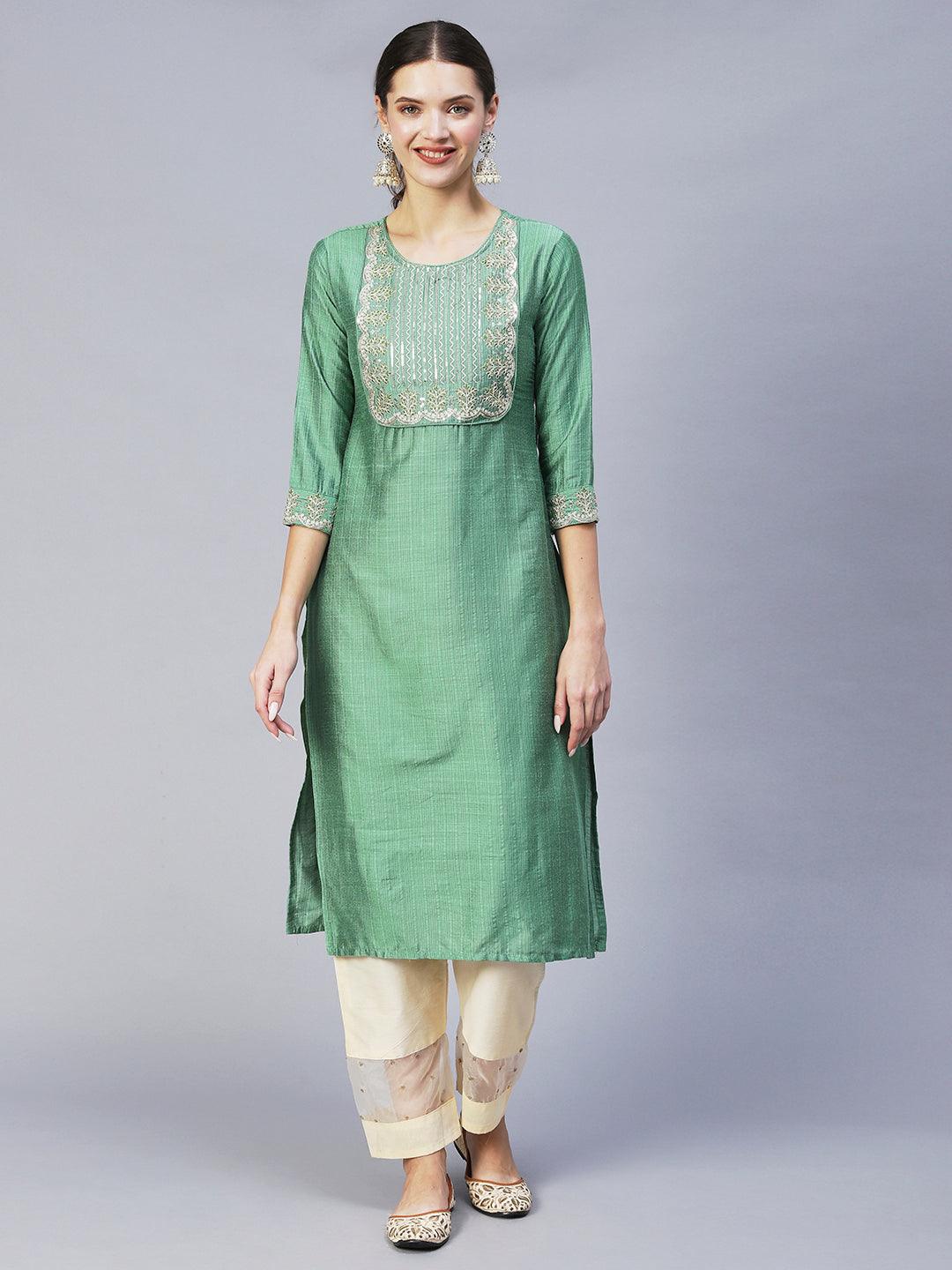 Ethnic Woven & Embroidered Straight Fit Kurta – Light Green - Indiakreations