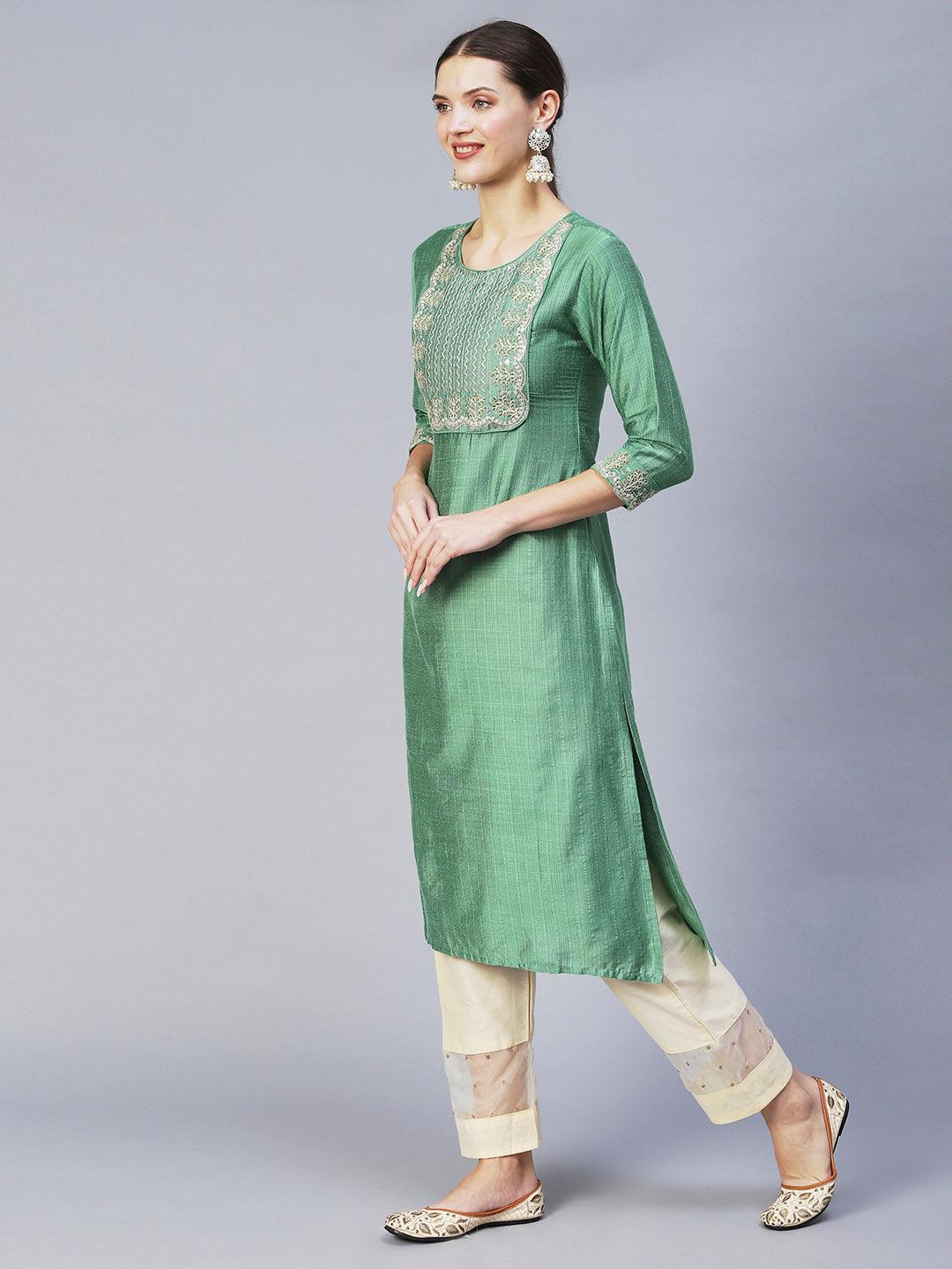 Ethnic Woven & Embroidered Straight Fit Kurta – Light Green - Indiakreations