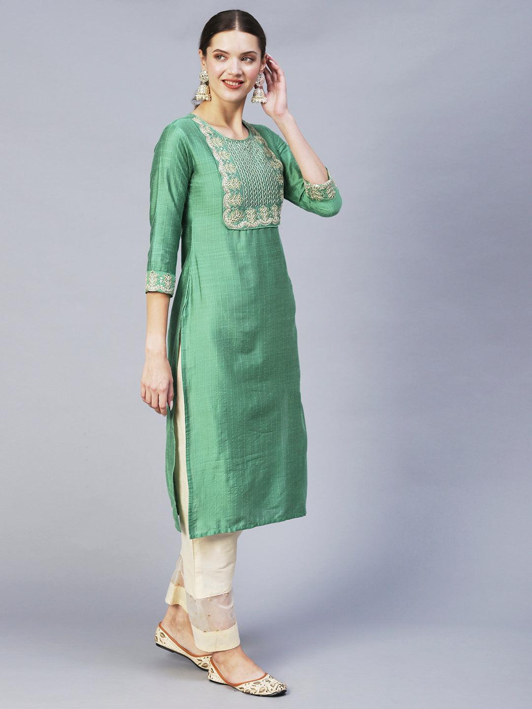 Ethnic Woven & Embroidered Straight Fit Kurta – Light Green - Indiakreations