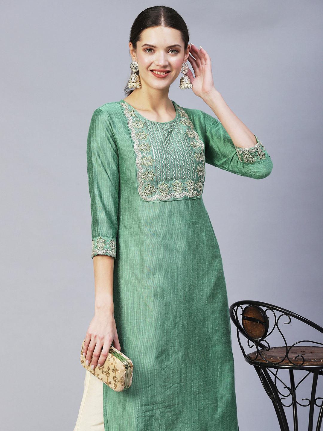 Ethnic Woven & Embroidered Straight Fit Kurta – Light Green - Indiakreations