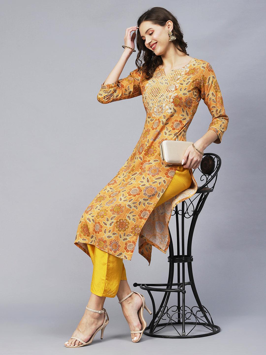 Floral Printed & Embroidered Straight Fit Kurta – Mustard - Indiakreations