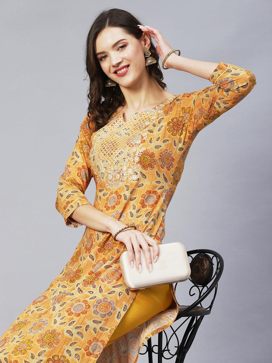 Floral Printed & Embroidered Straight Fit Kurta – Mustard - Indiakreations