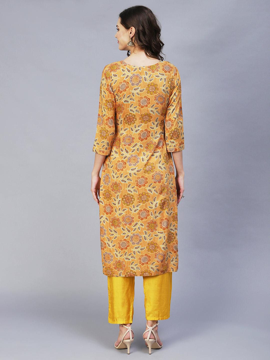 Floral Printed & Embroidered Straight Fit Kurta – Mustard - Indiakreations