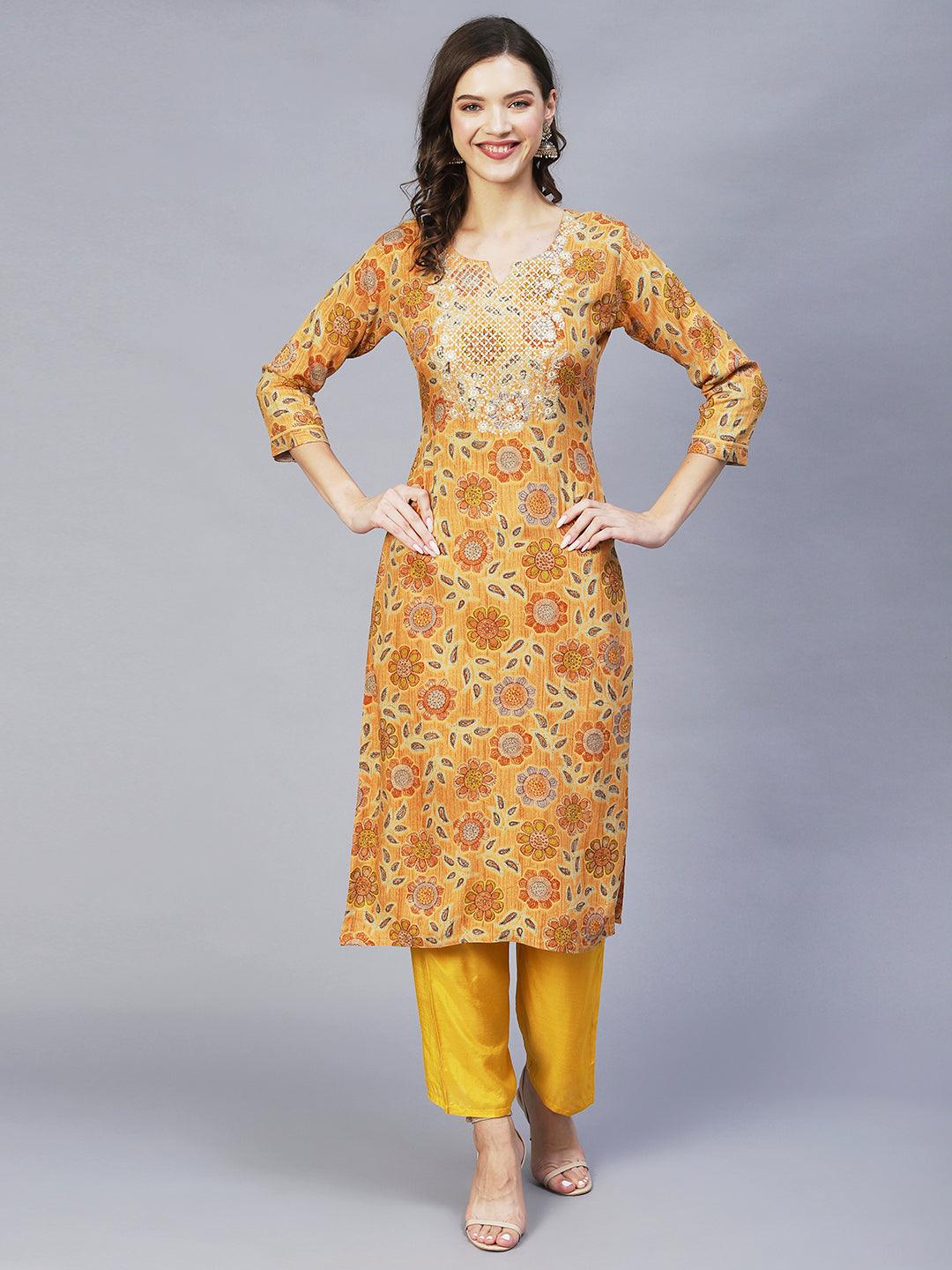 Floral Printed & Embroidered Straight Fit Kurta – Mustard - Indiakreations