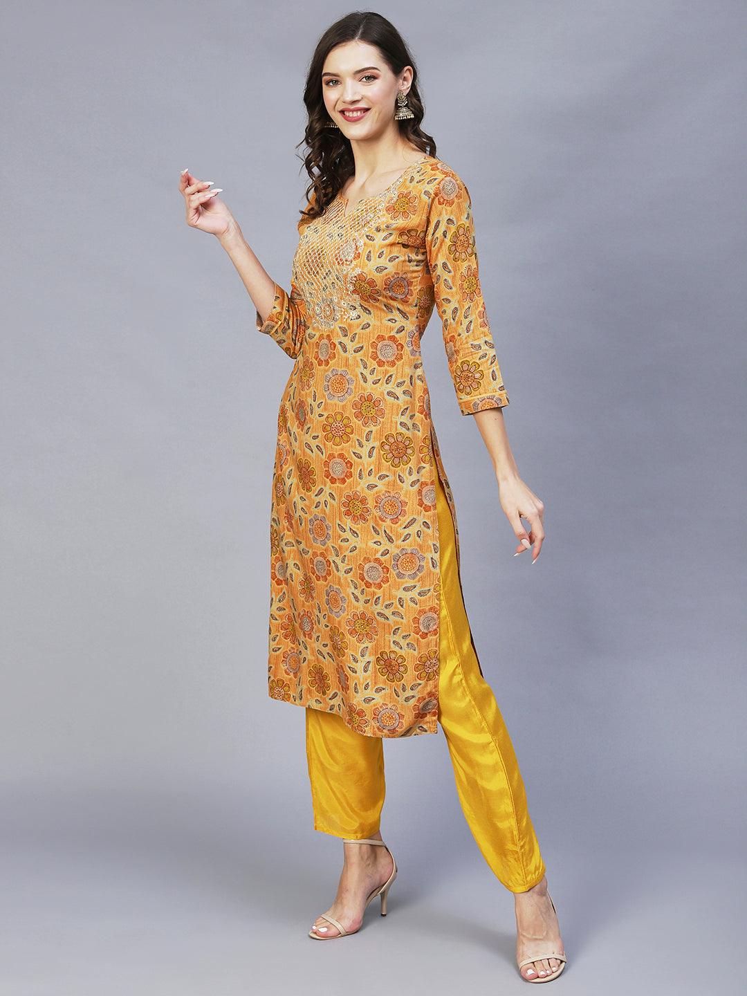 Floral Printed & Embroidered Straight Fit Kurta – Mustard - Indiakreations