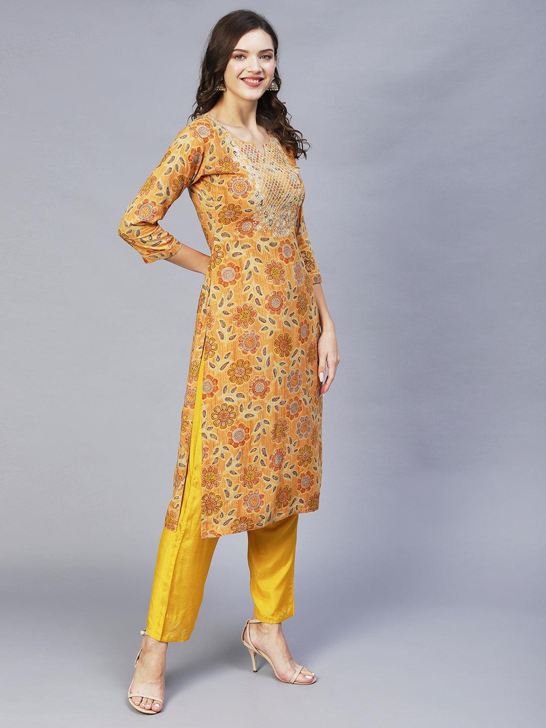 Floral Printed & Embroidered Straight Fit Kurta – Mustard - Indiakreations