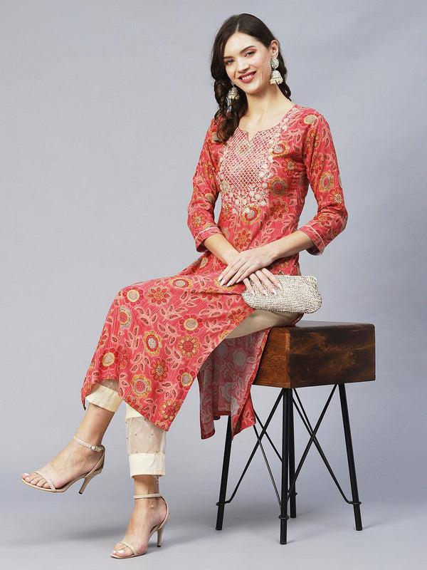 Floral Printed & Embroidered Straight Fit Kurta – Pink - Indiakreations