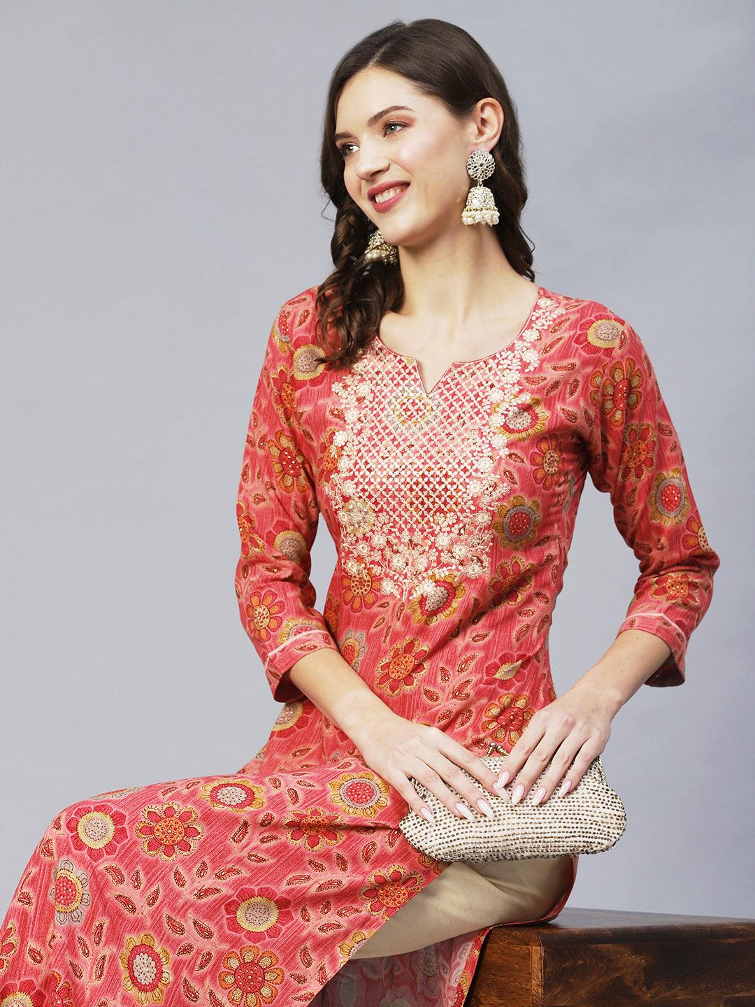 Floral Printed & Embroidered Straight Fit Kurta – Pink - Indiakreations