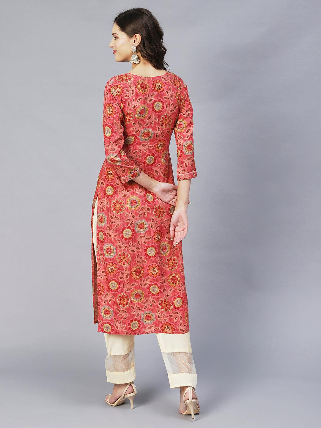 Floral Printed & Embroidered Straight Fit Kurta – Pink - Indiakreations