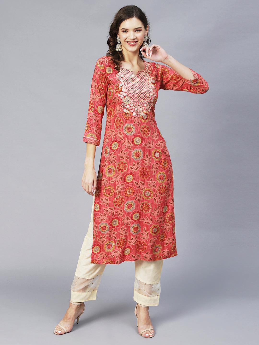 Floral Printed & Embroidered Straight Fit Kurta – Pink - Indiakreations