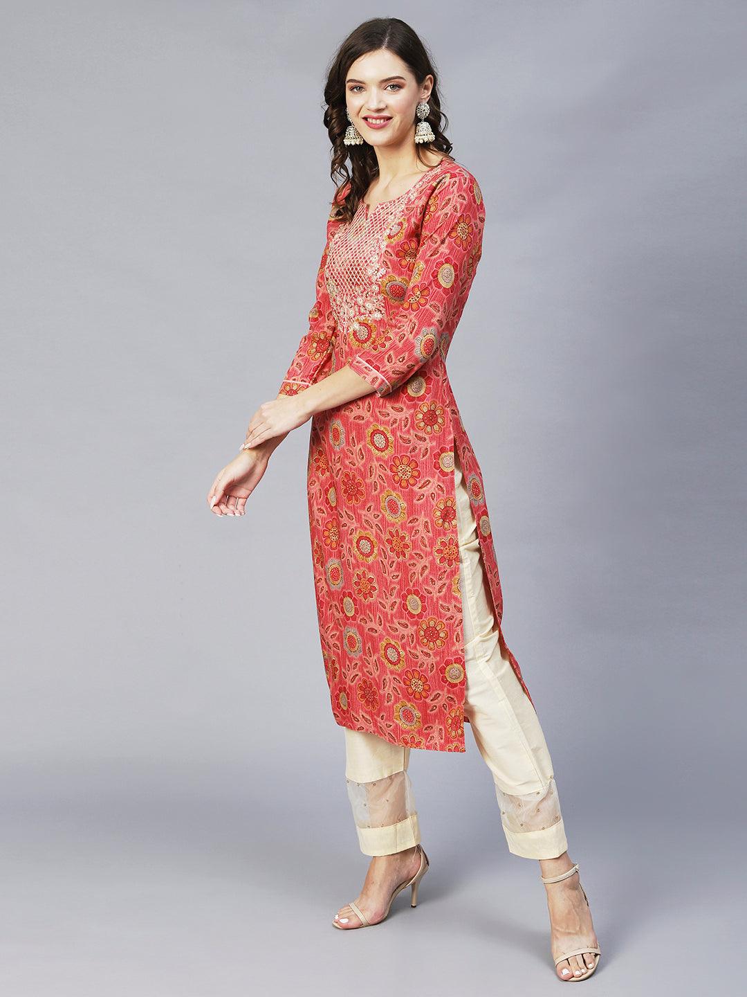 Floral Printed & Embroidered Straight Fit Kurta – Pink - Indiakreations