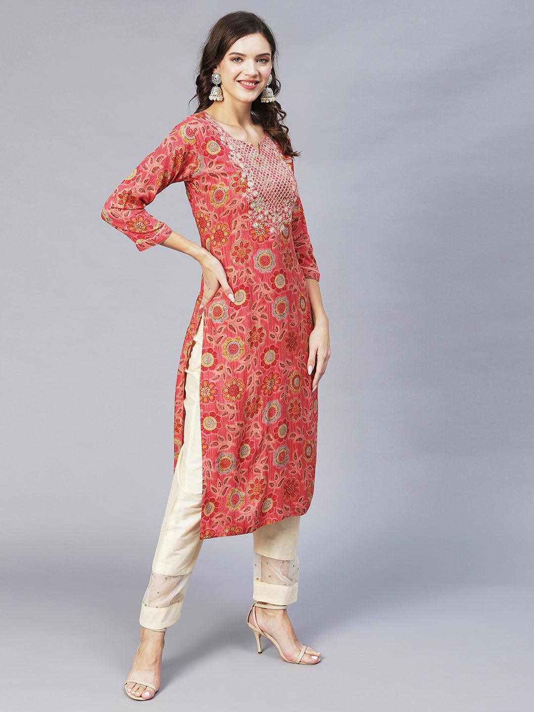 Floral Printed & Embroidered Straight Fit Kurta – Pink - Indiakreations