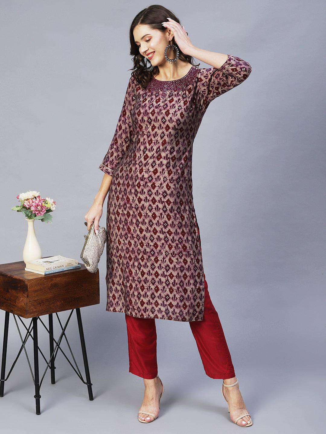 Ethnic Printed & Embroidered Straight Fit Kurta – Wine - Indiakreations