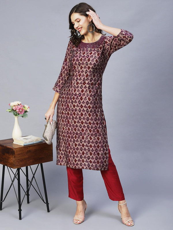 Ethnic Printed & Embroidered Straight Fit Kurta – Wine - Indiakreations