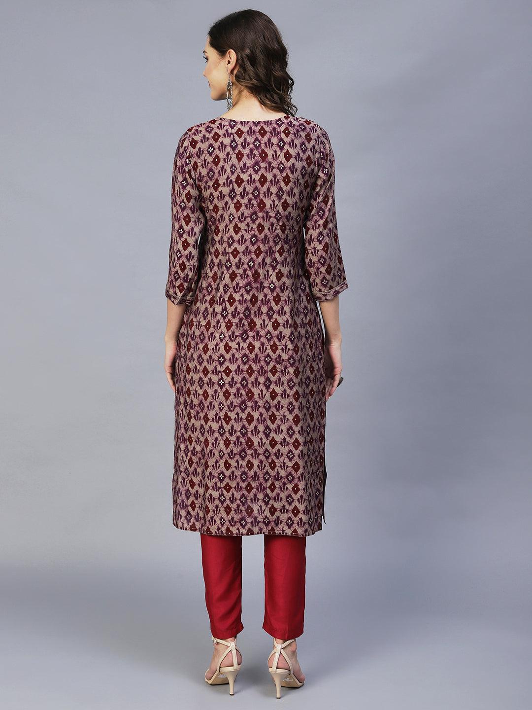 Ethnic Printed & Embroidered Straight Fit Kurta – Wine - Indiakreations