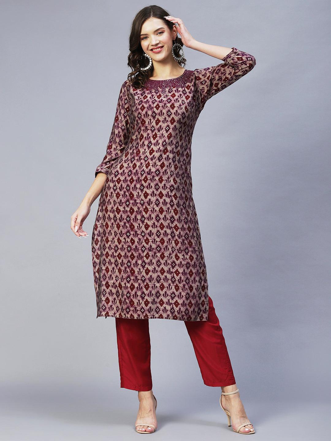 Ethnic Printed & Embroidered Straight Fit Kurta – Wine - Indiakreations