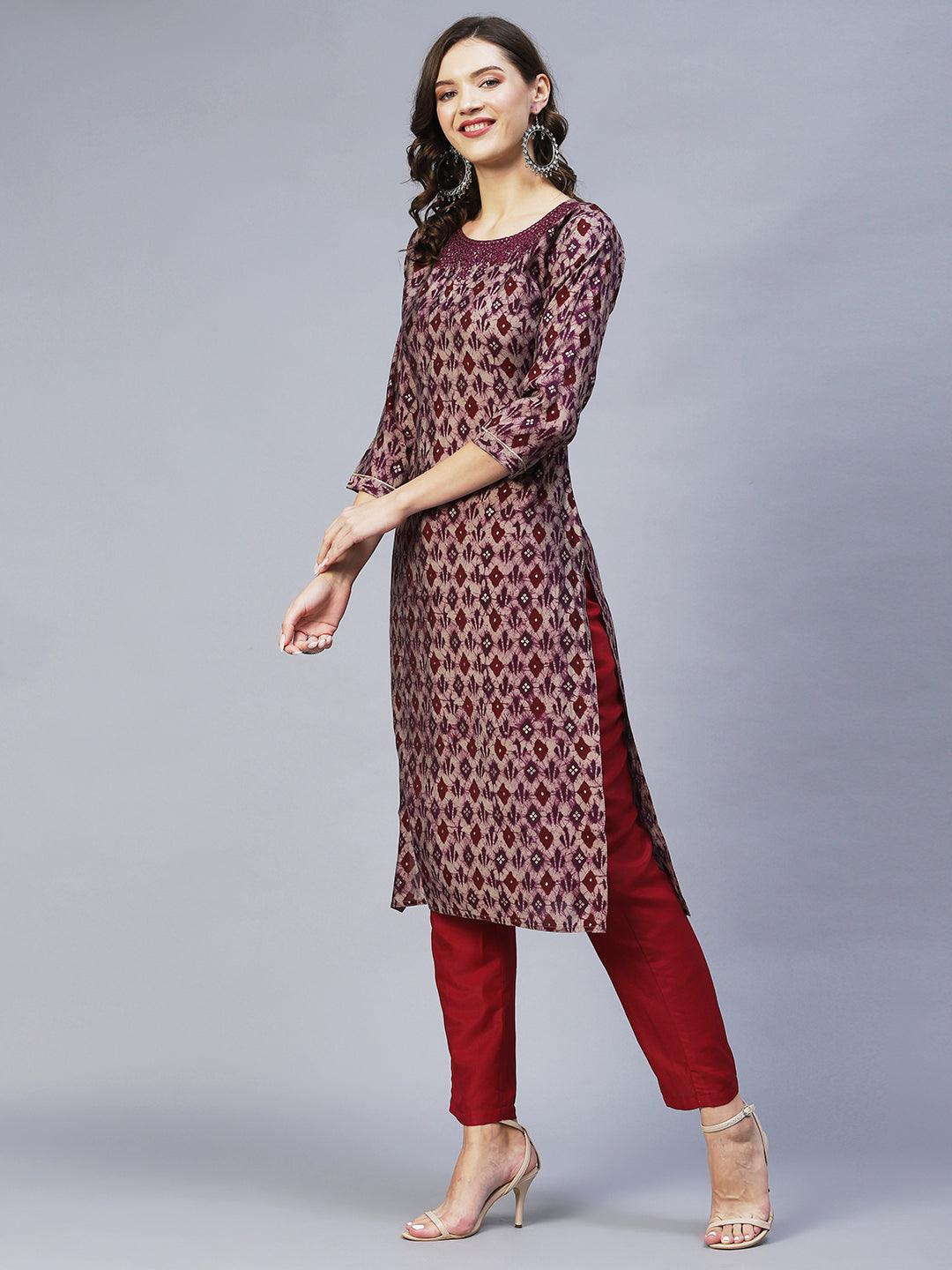 Ethnic Printed & Embroidered Straight Fit Kurta – Wine - Indiakreations