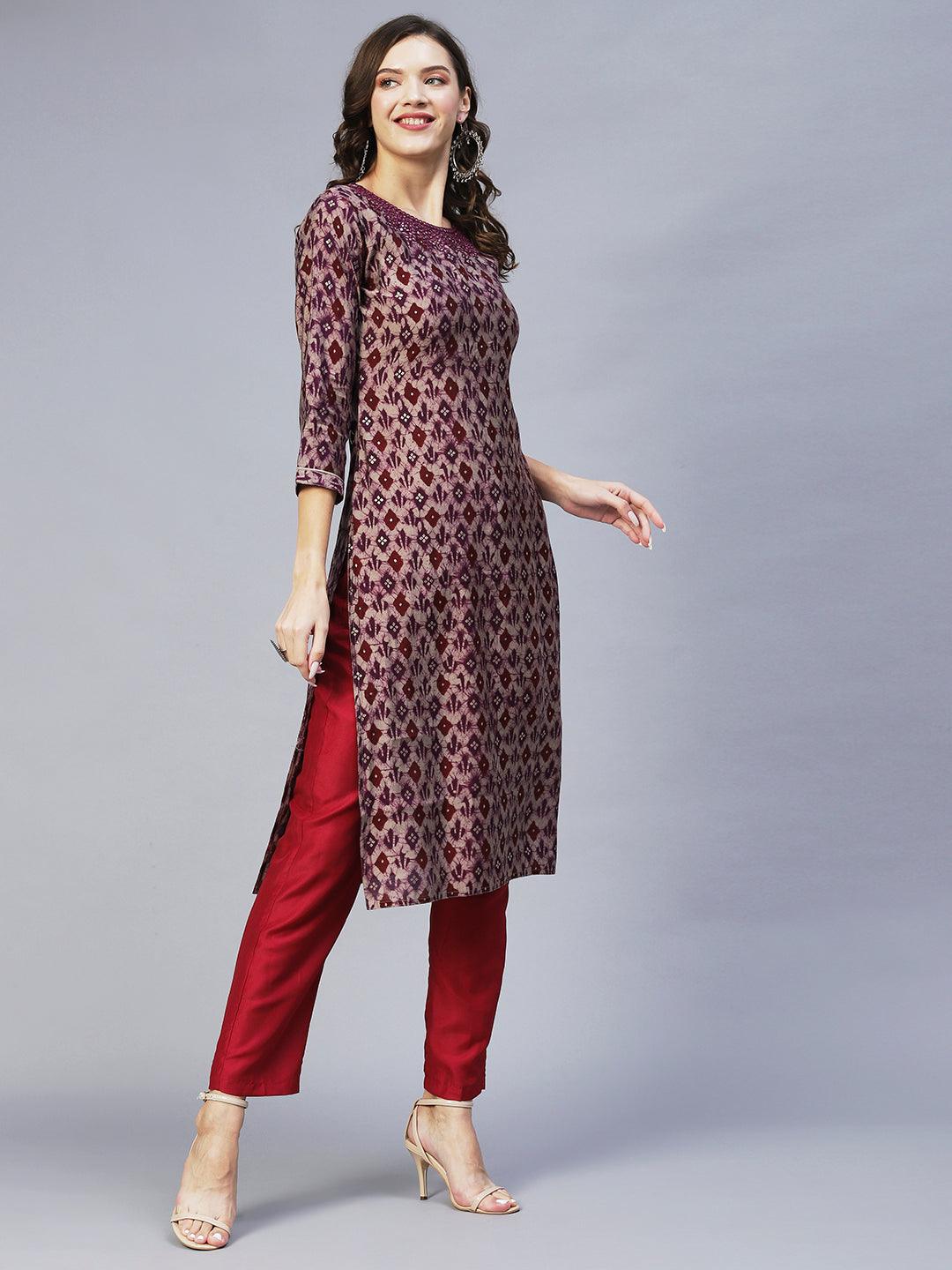 Ethnic Printed & Embroidered Straight Fit Kurta – Wine - Indiakreations