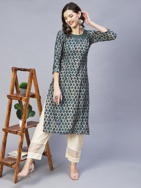 Ethnic Printed & Embroidered Straight Fit Kurta – Teal Green - Indiakreations