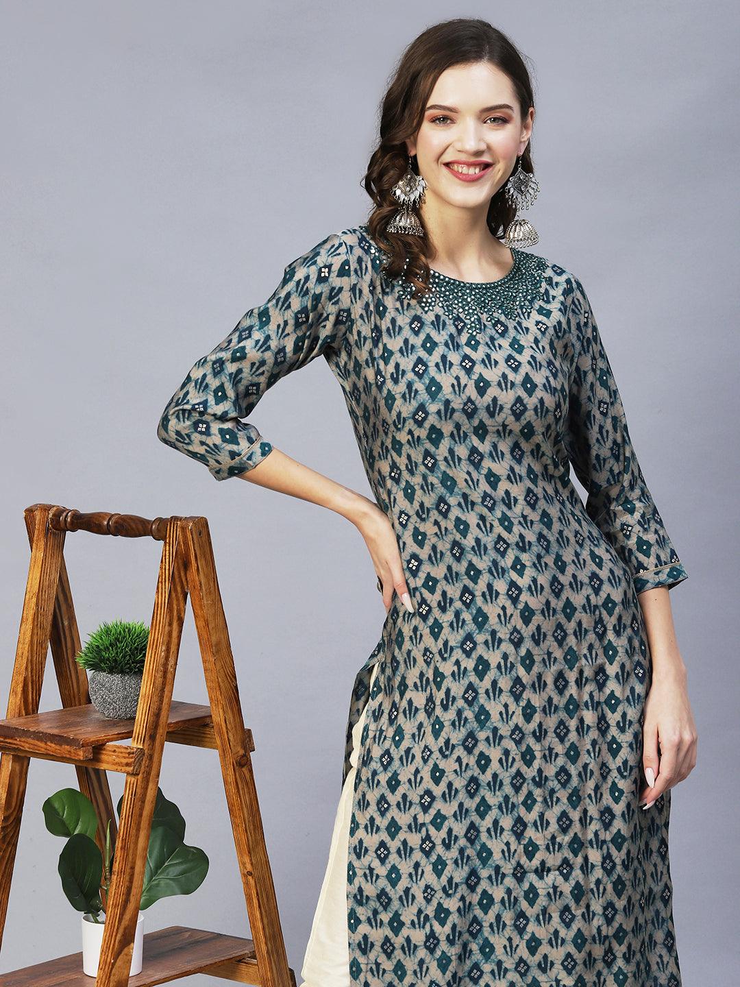 Ethnic Printed & Embroidered Straight Fit Kurta – Teal Green - Indiakreations