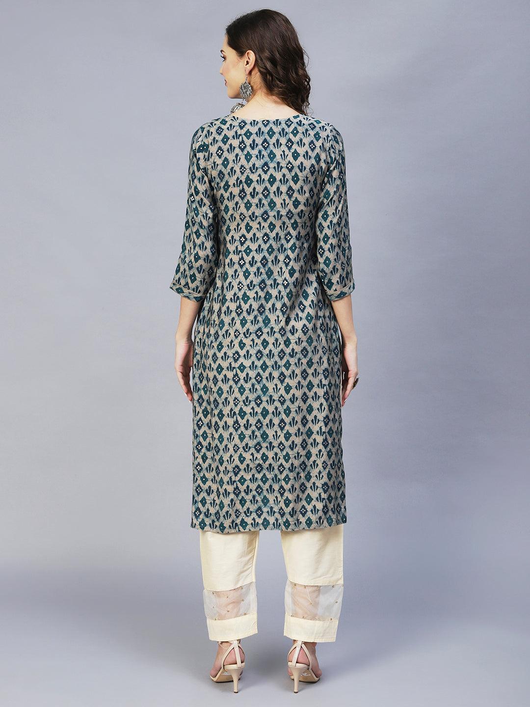 Ethnic Printed & Embroidered Straight Fit Kurta – Teal Green - Indiakreations