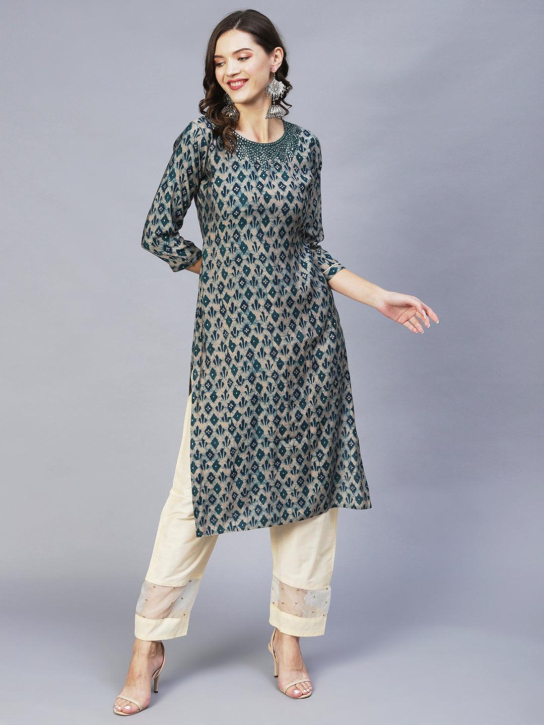 Ethnic Printed & Embroidered Straight Fit Kurta – Teal Green - Indiakreations