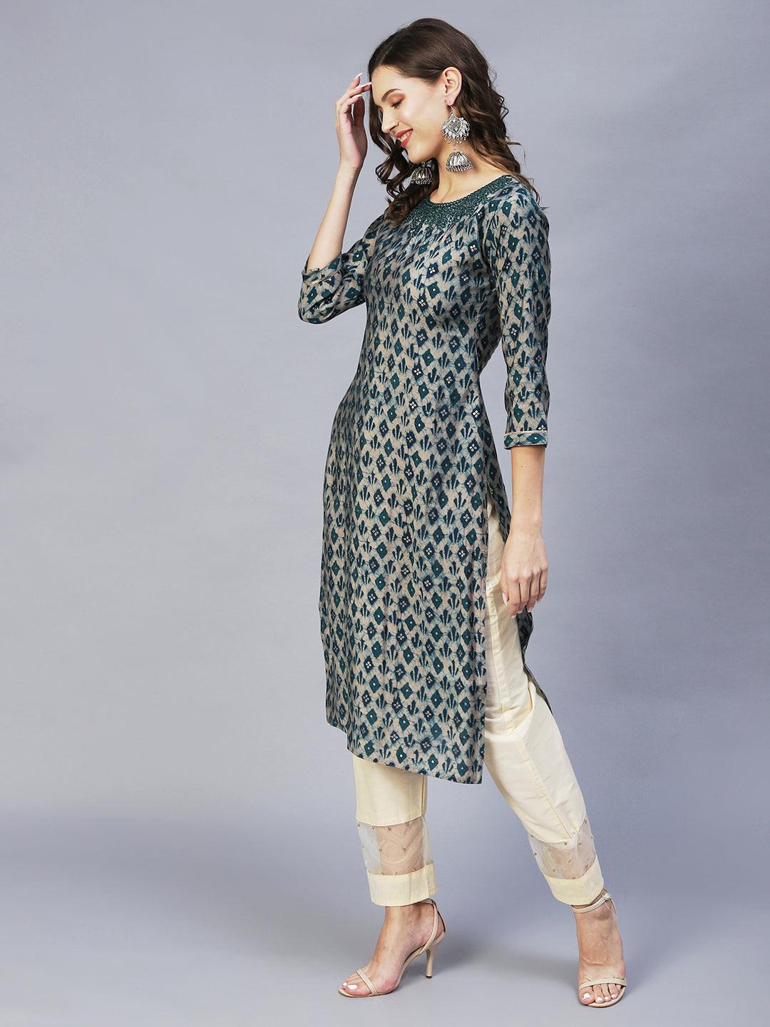 Ethnic Printed & Embroidered Straight Fit Kurta – Teal Green - Indiakreations