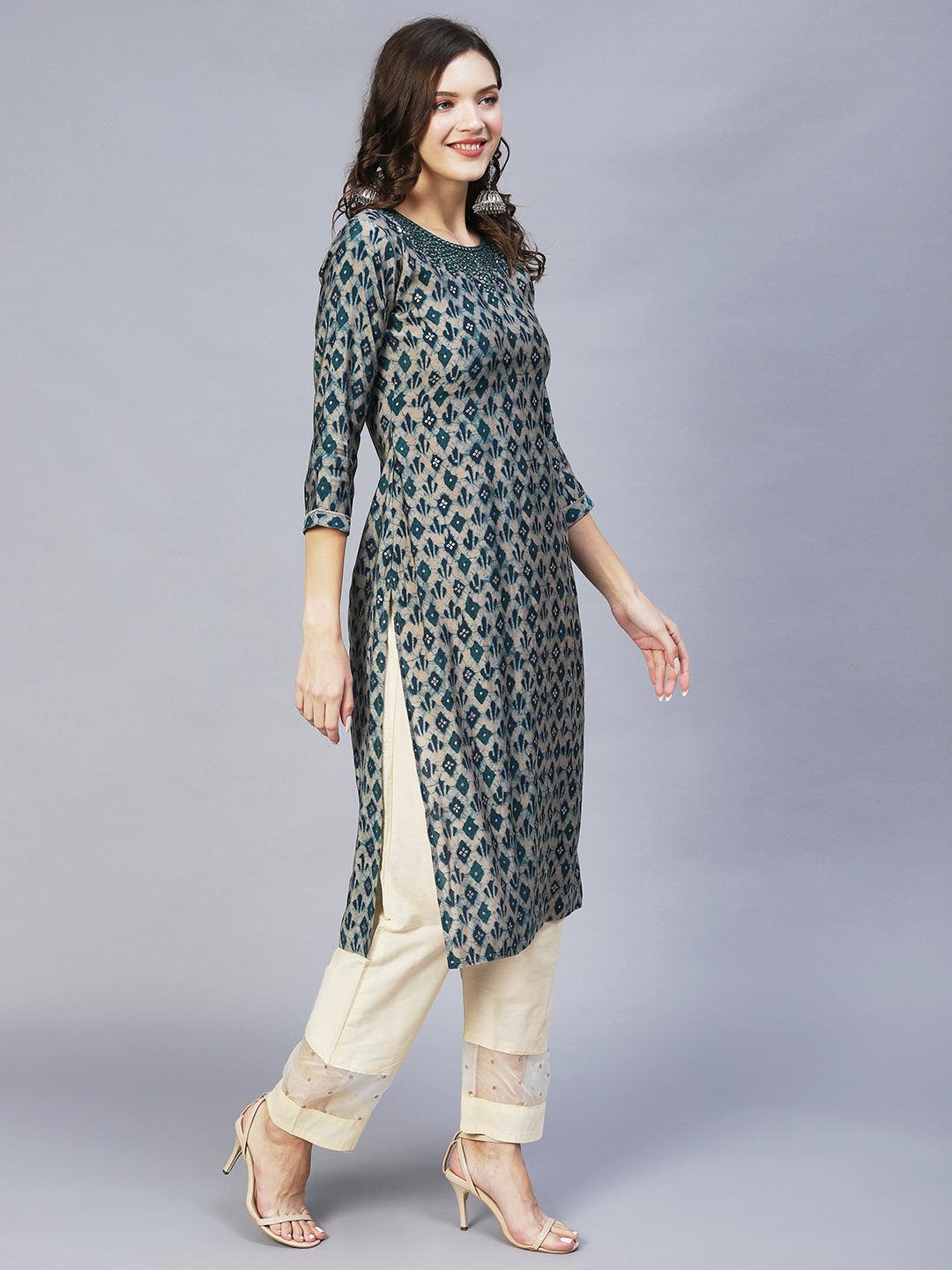 Ethnic Printed & Embroidered Straight Fit Kurta – Teal Green - Indiakreations