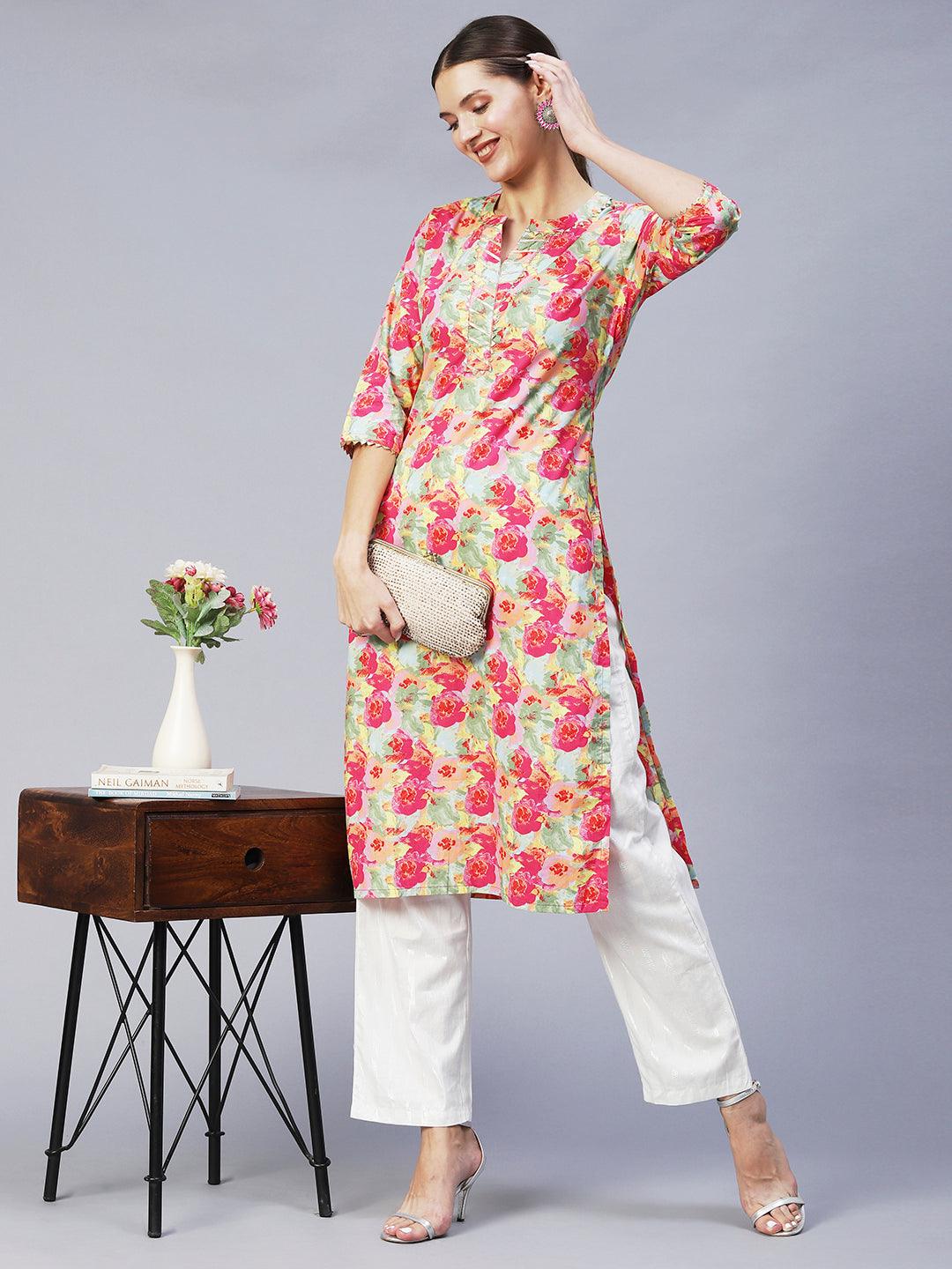 Floral Printed & Embroidered Straight Fit Kurta with Pants - Multi - Indiakreations