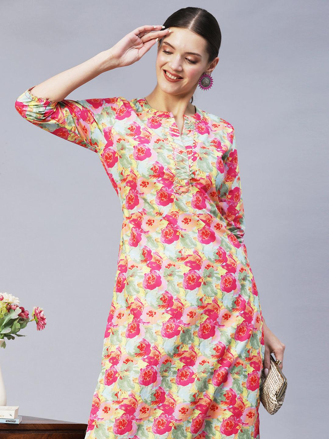 Floral Printed & Embroidered Straight Fit Kurta with Pants - Multi - Indiakreations