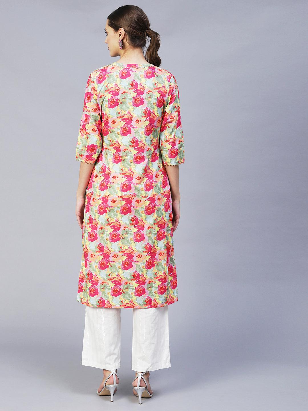 Floral Printed & Embroidered Straight Fit Kurta with Pants - Multi - Indiakreations