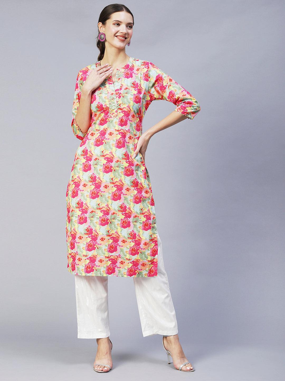 Floral Printed & Embroidered Straight Fit Kurta with Pants - Multi - Indiakreations