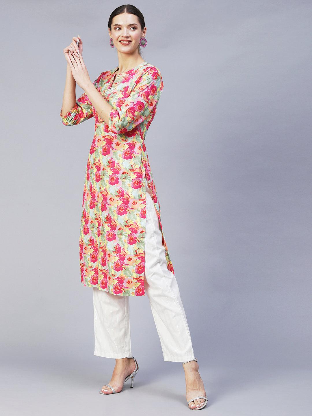 Floral Printed & Embroidered Straight Fit Kurta with Pants - Multi - Indiakreations