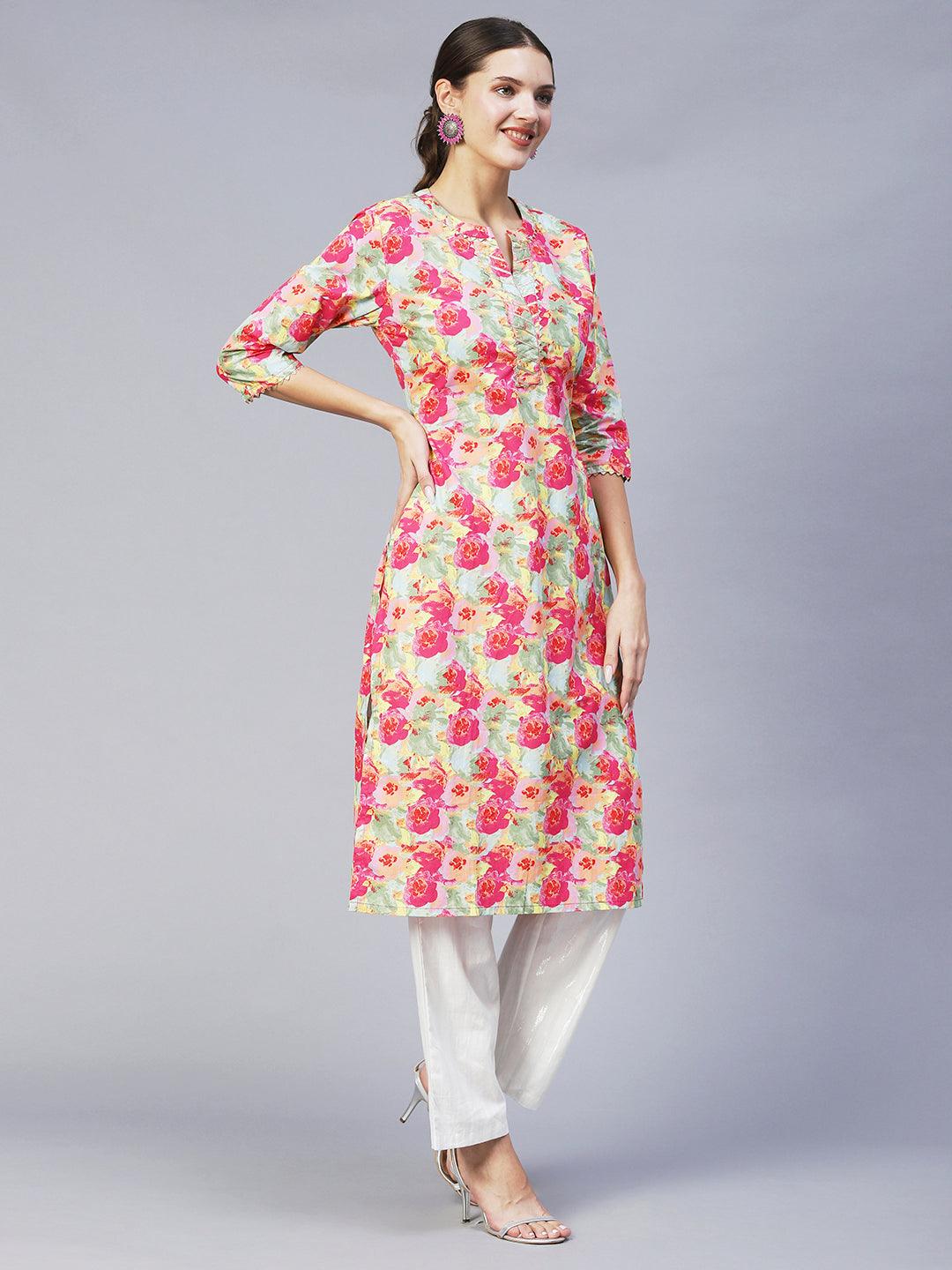 Floral Printed & Embroidered Straight Fit Kurta with Pants - Multi - Indiakreations