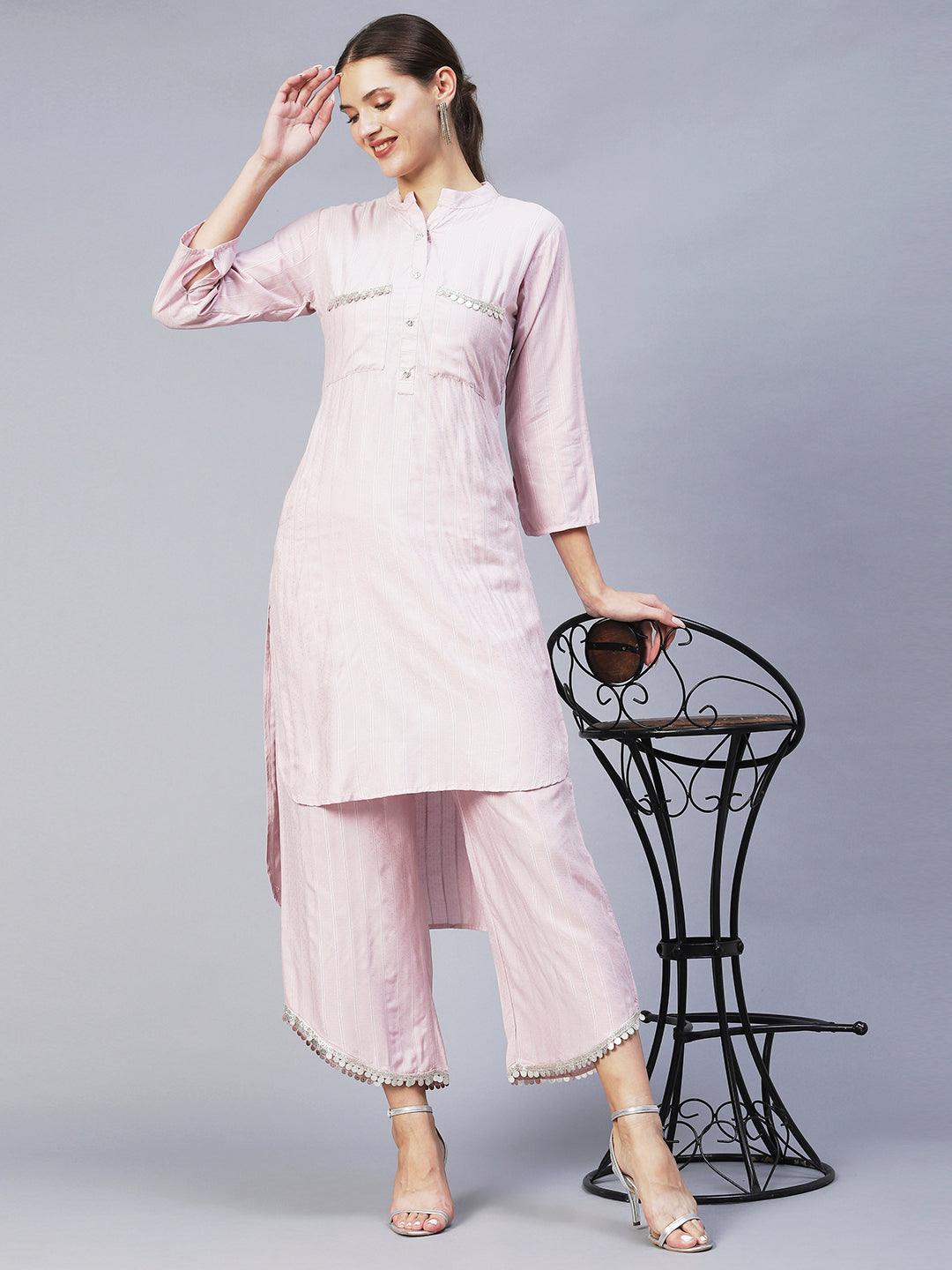 Ethnic Embroidered Co-ord Set - Light Pink - Indiakreations