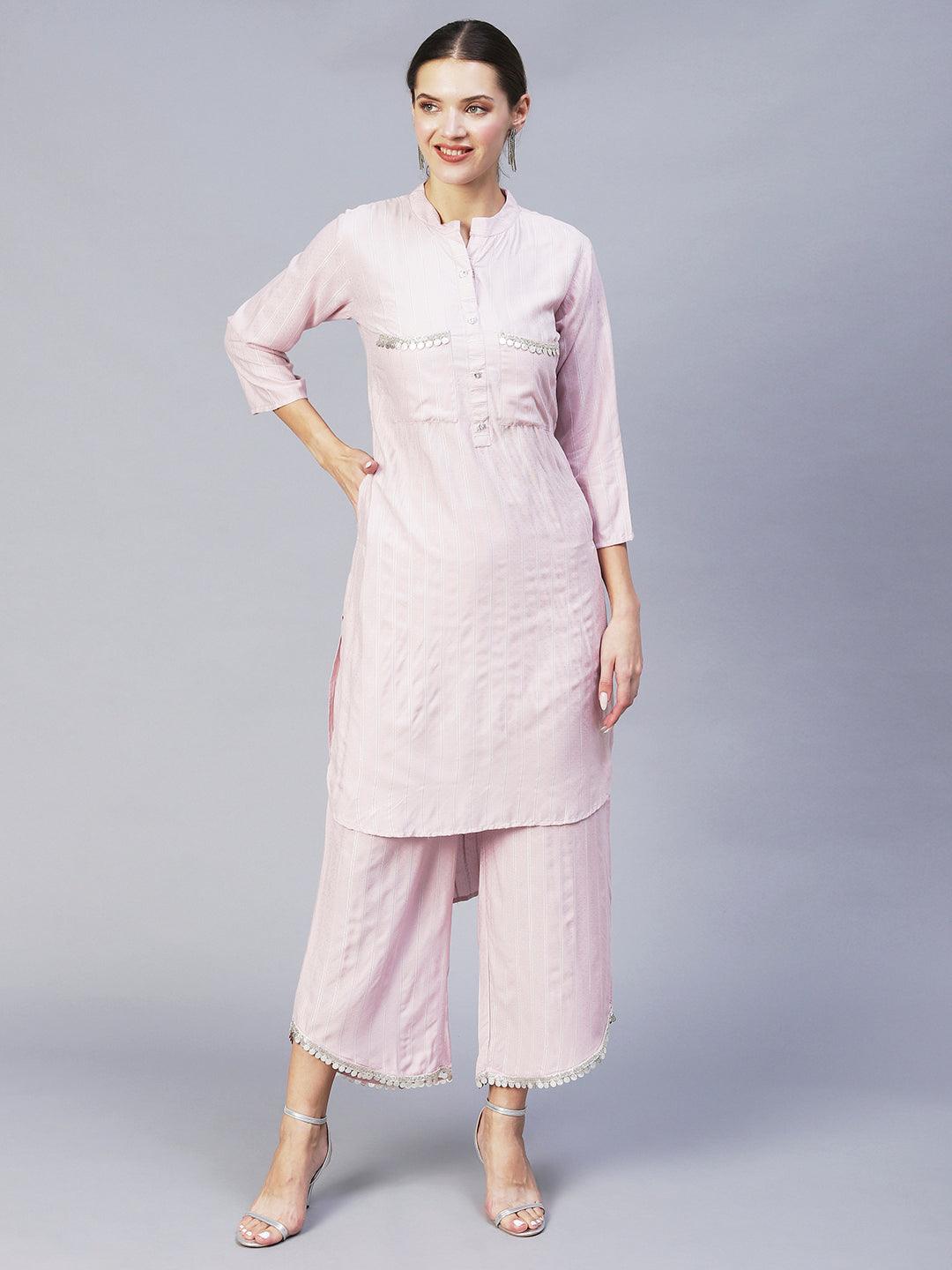 Ethnic Embroidered Co-ord Set - Light Pink - Indiakreations