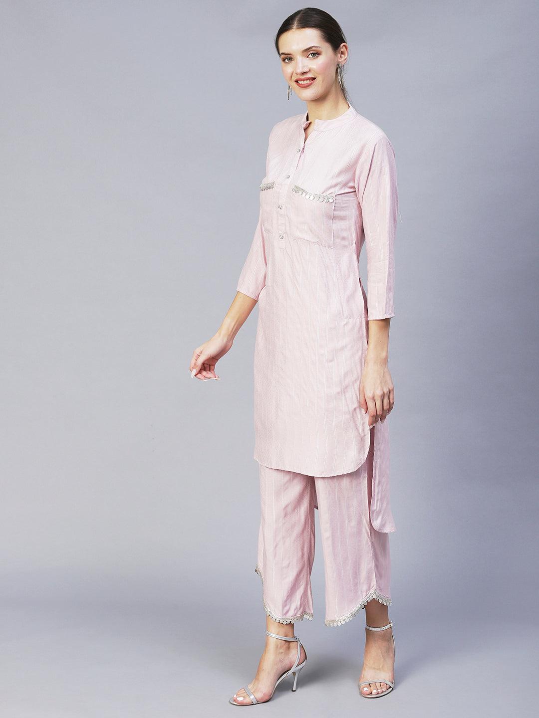 Ethnic Embroidered Co-ord Set - Light Pink - Indiakreations