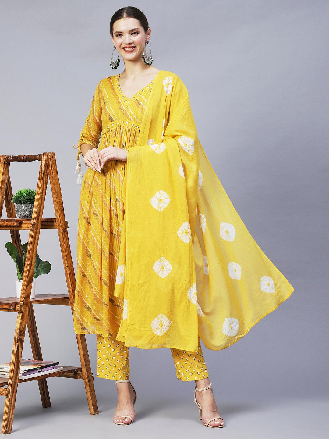 Ethnic Printed A-Line Kurta with Pants & Dupatta - Yellow - Indiakreations