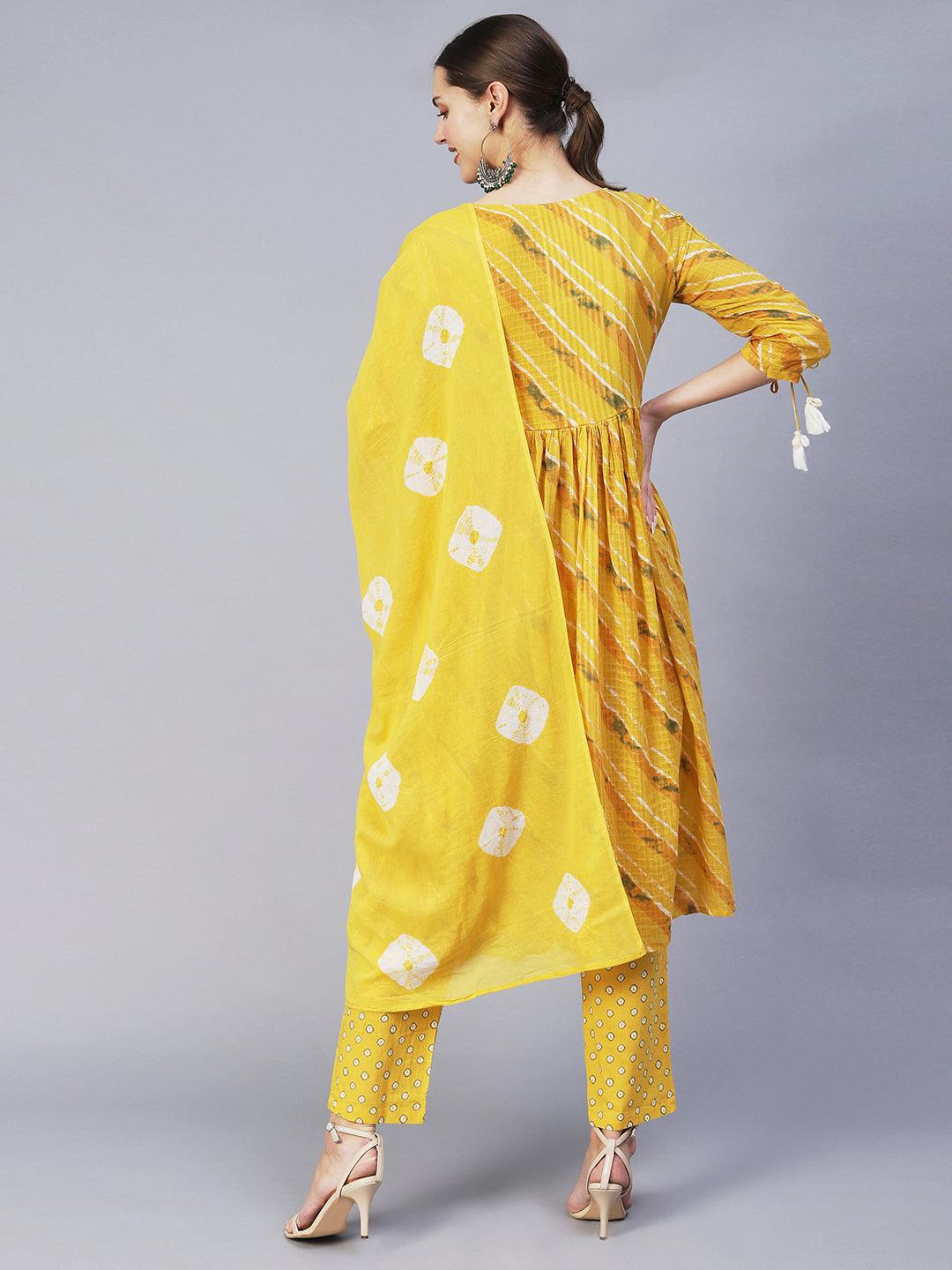 Ethnic Printed A-Line Kurta with Pants & Dupatta - Yellow - Indiakreations