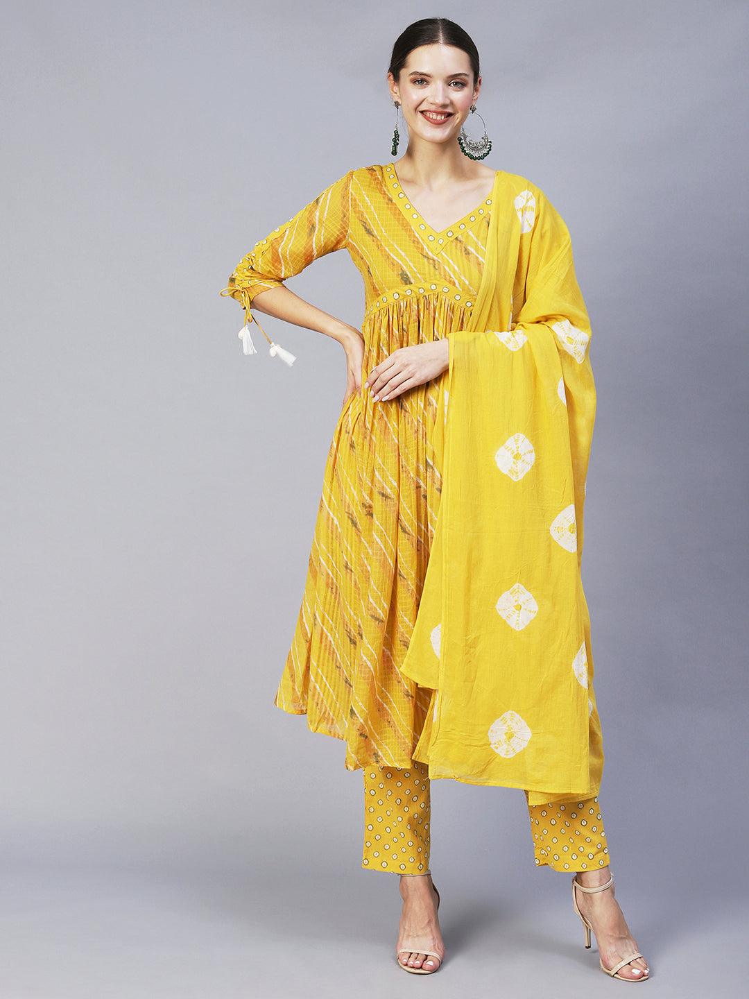 Ethnic Printed A-Line Kurta with Pants & Dupatta - Yellow - Indiakreations