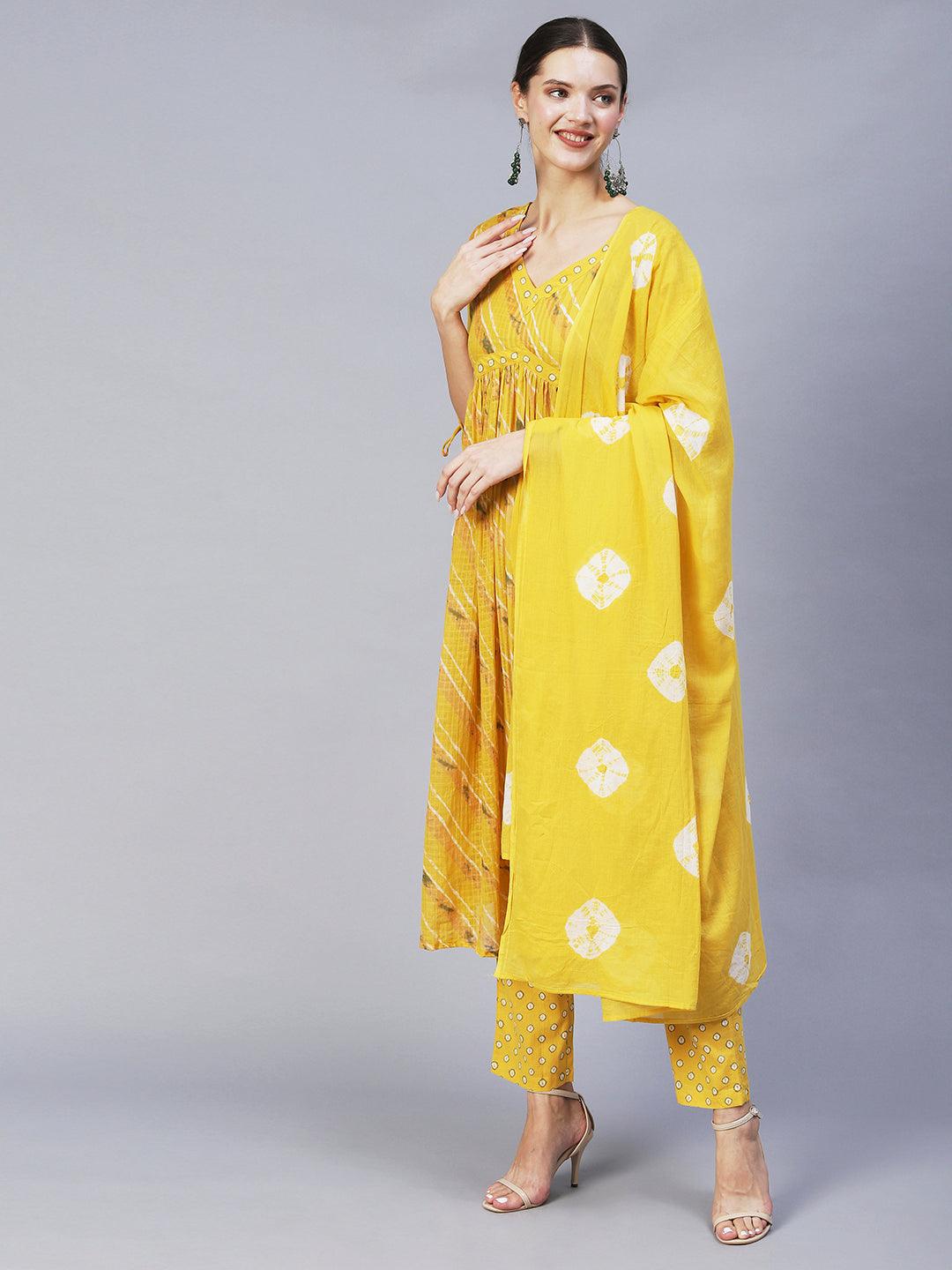 Ethnic Printed A-Line Kurta with Pants & Dupatta - Yellow - Indiakreations