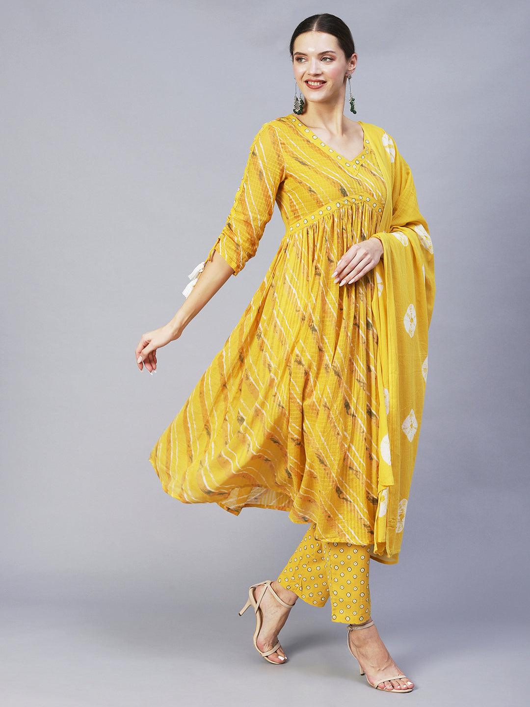 Ethnic Printed A-Line Kurta with Pants & Dupatta - Yellow - Indiakreations