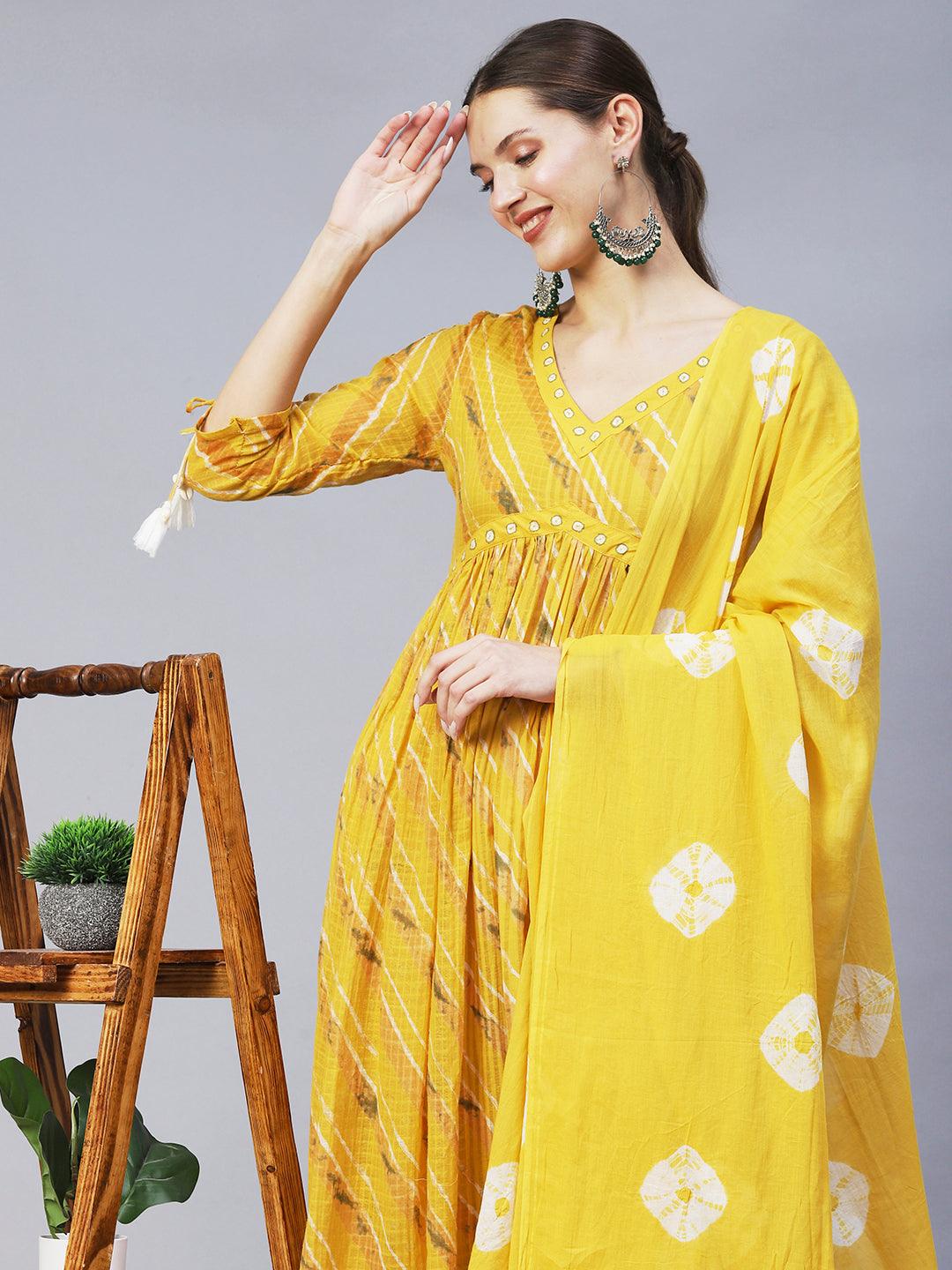 Ethnic Printed A-Line Kurta with Pants & Dupatta - Yellow - Indiakreations