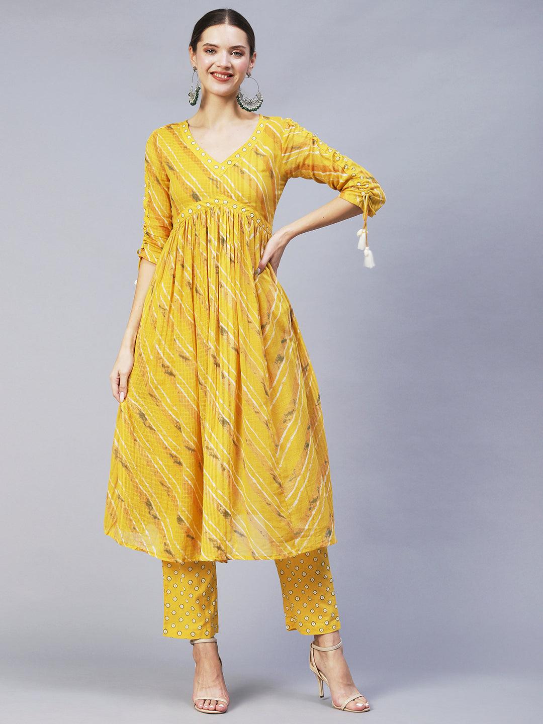 Ethnic Printed A-Line Kurta with Pants & Dupatta - Yellow - Indiakreations