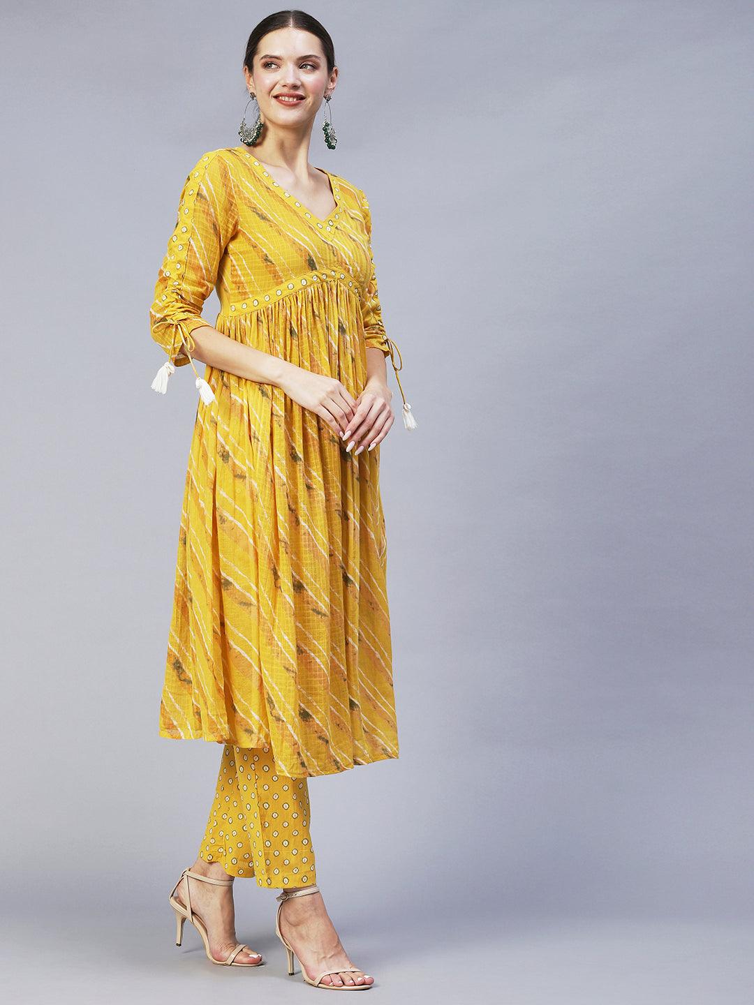 Ethnic Printed A-Line Kurta with Pants & Dupatta - Yellow - Indiakreations