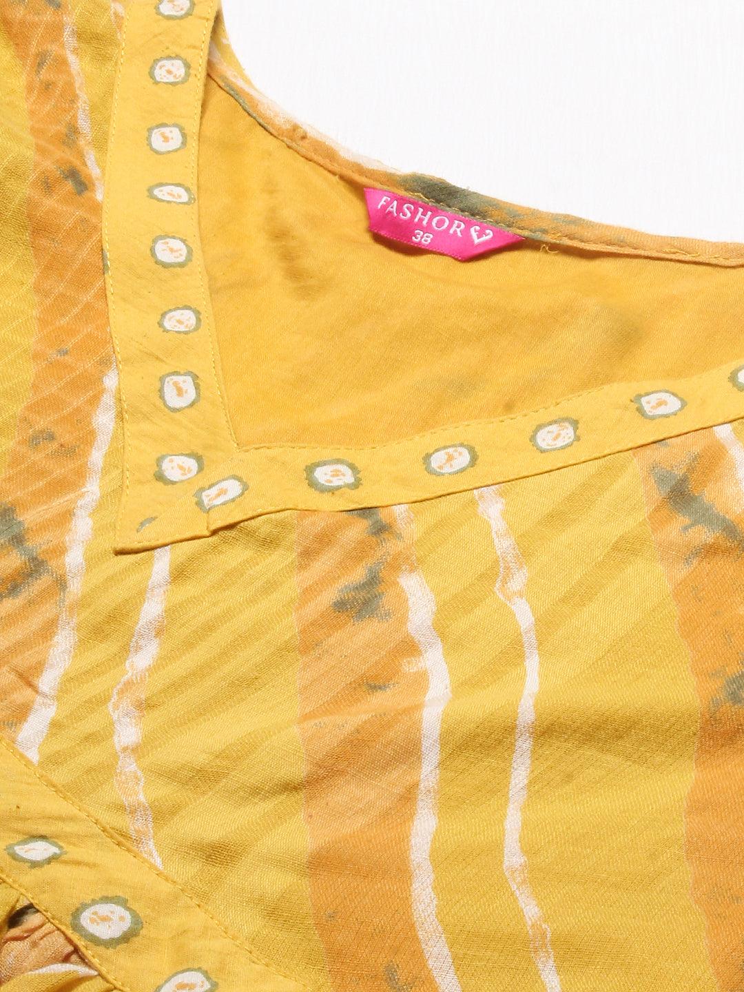 Ethnic Printed A-Line Kurta with Pants & Dupatta - Yellow - Indiakreations